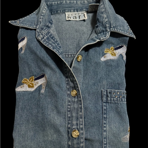 Keren Hart Denim embroidered Button up Long sleeve embroidered shoe design - Picture 2 of 11